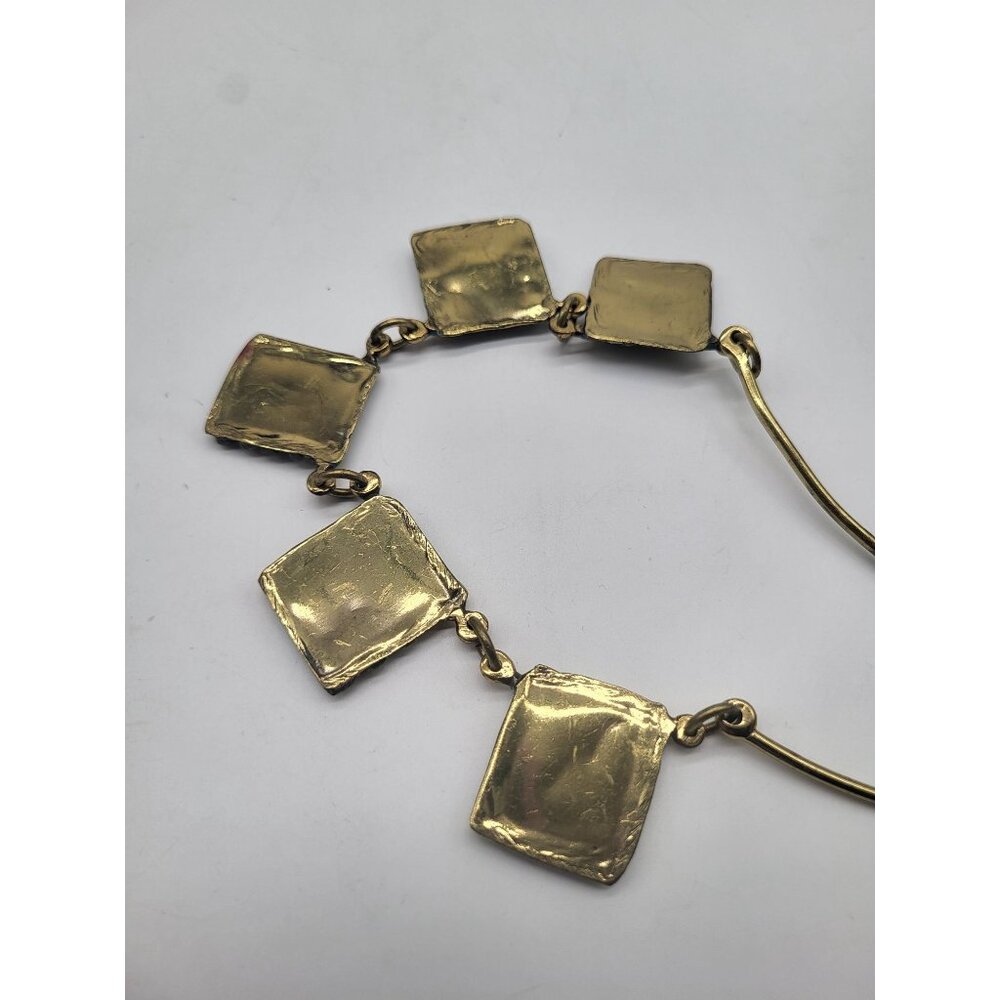 Unique Art Deco Collar Statement Necklace Gold Tone Turquoise Painted Panels VTG - Picture 8 of 10